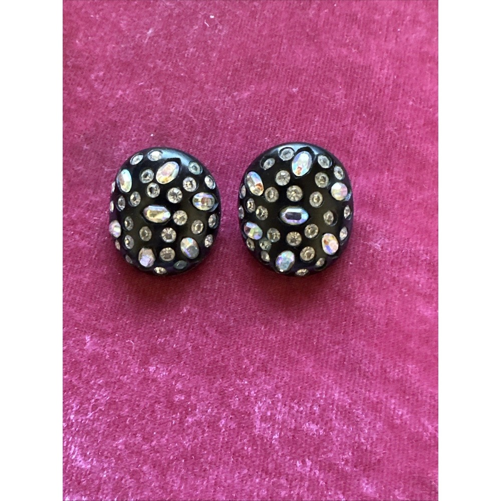 1950'S WEISS‎ BLACK LUCITE ENCRUSTED CRYSTAL AB RHINESTONE OVAL CLIP EARRINGS